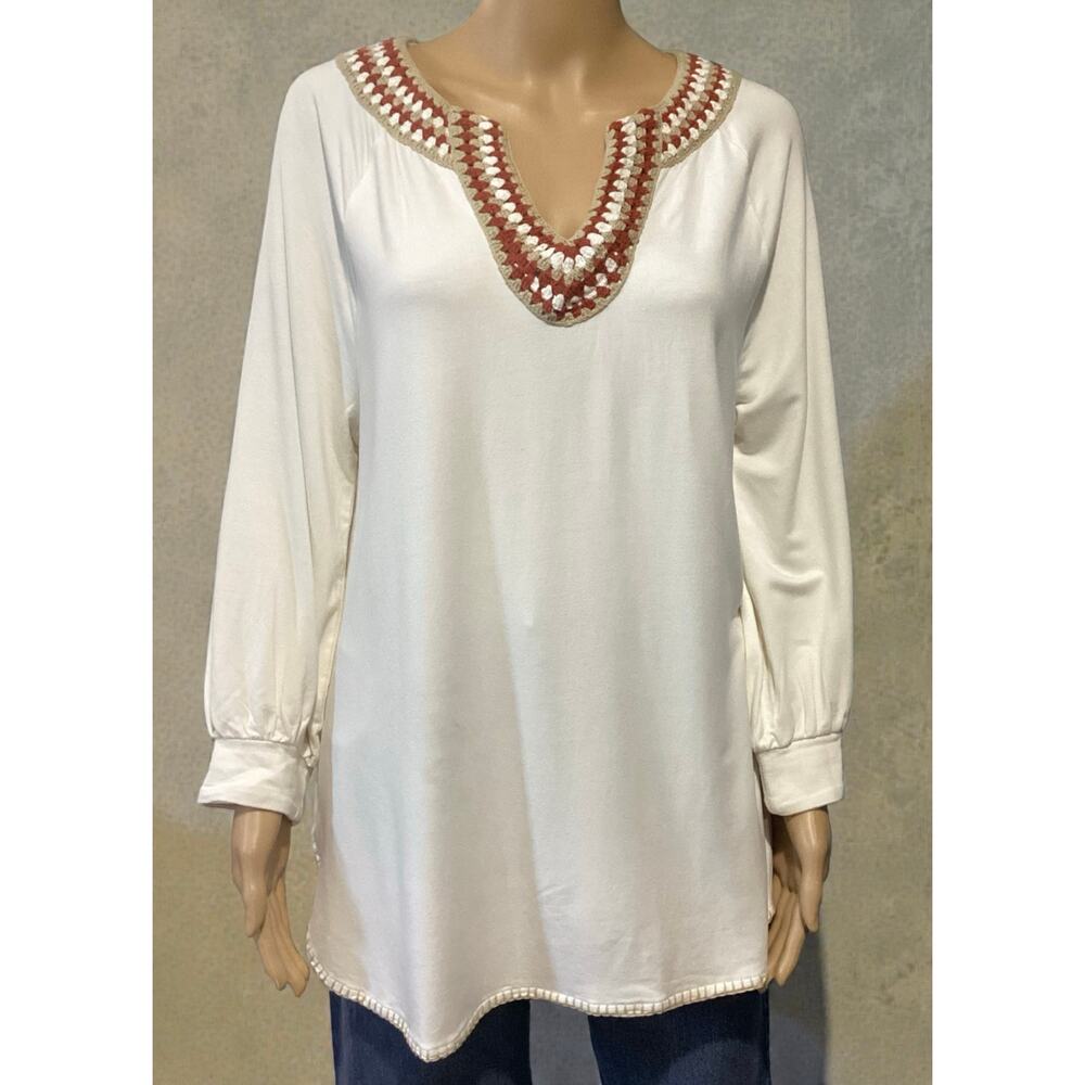Soft Surroundings Crochet Trim V-Neck Tunic‎ Top size L cream